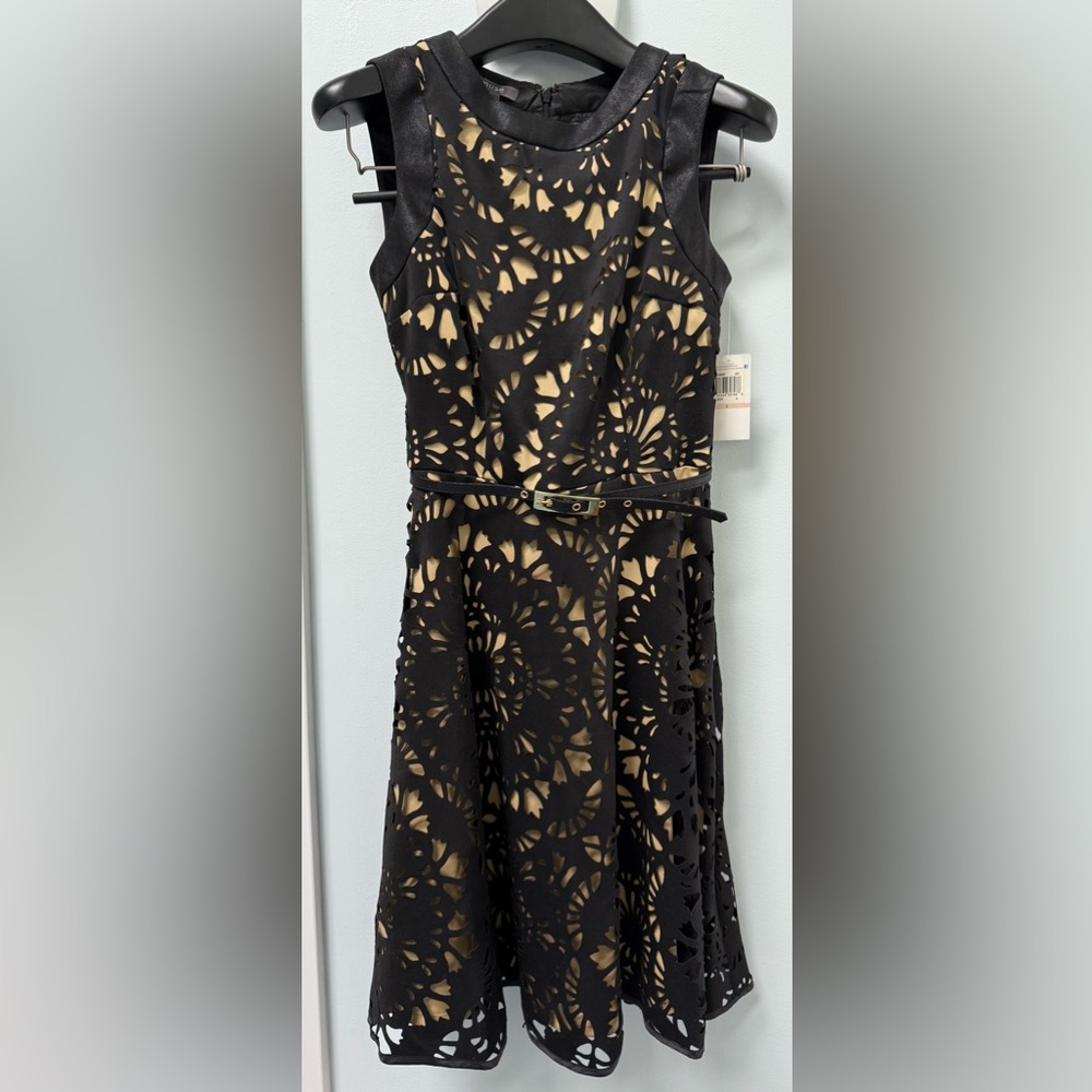 “Muse” laser cut, black with nude color underlay, A-line dress